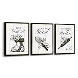 RnnJoile Black and Gold Kitchen Decor Funny Kitchen Picture Wall Art Bakery Room Wall Decor Canvas Chef Cooking Gift 12x16inchx3pcs Framed