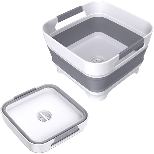 Collapsible Dish Basin with Drain Plug, 9L(2.4Gal) Capacity, Space Saving Portable Sink for Baby bottle, Kitchen, Camping& RV, Gray