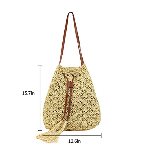 Goclothod Bucket Bag Women Straw Summer Drawstring Handbag Purse Weave Shoulder Bags(Dark Beige) - Thumbnail 2