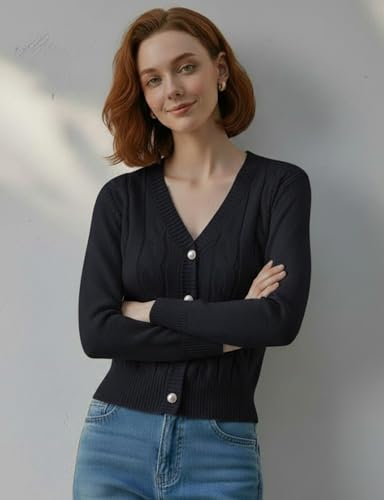 Image of Women's Casual Slim Fit Cardigan Sweaters Long Sleeve Button Down Lightweight Waist Length