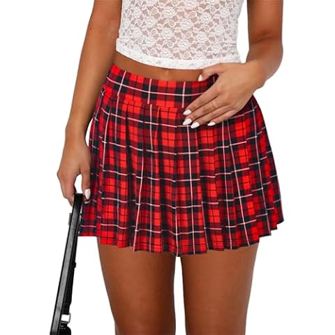Womens Pleated Skirts Casual Y2K High Waist Tennis Skort Skater A-Line Mini Skirt with Shorts Underneath Red Plaid XL Cover
