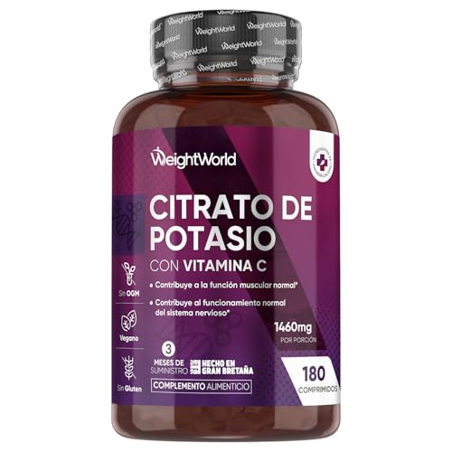 Citrato de Potasio 1460mg, 180 Comprimidos Veganos con Vitamina C, 3 Meses de Suministro - 500mg de Potasio Activo, Contribuye al Funcionamiento Normal de los Músculos (EFSA), Sin Gluten ni OGM