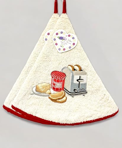 Lot de 2 Torchons Essuie Mains Petit Déjeuner - Essuie Mains Rond Eponge avec Attache - Blanc - Motifs Brodés - Torchon Cuisine Rond 100% Coton - Serviette Cuisine SDB...