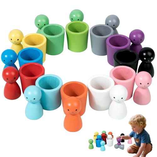 12PCS Color Sorting Dolls with Wooden Bowls - Matching Games for Toddlers Kids Boys Ages 3-6 - Sensory Training, Math Learning & Montessori STEM Activities