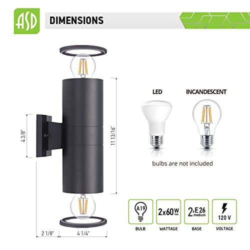 Asd Patio Wall Light Fixture With Two E26 Base Sockets Etl Listed & Ostwin (6 Pack) 9W Led Light Bulb - E26 Base A19 3000K Ul Listed #TOP2