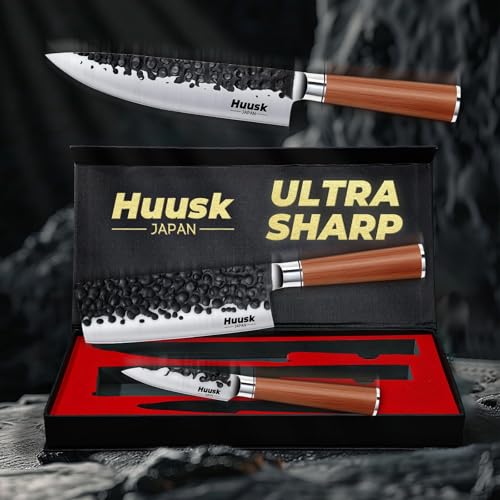 Image of Huusk Japanese Kitchen Knife Set of 3, Professional Chef Knives Set for Kitchen, Sharp Cooking Knife Sets with Nakiri, Gyuto & Paring Knives, High Carbon Steel Sharp Cutting Knifes, Men Women Gifts