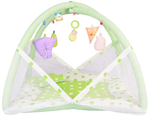 Image of Kwitchy Baby Bedding Set New Born Baby Bed | Mattress | Mosquito Net | Play Gym | Playmats | Floor Gym | Cotton | Infants | Gift Pack | Bed with Hanging Toys (0-6 Months) Green