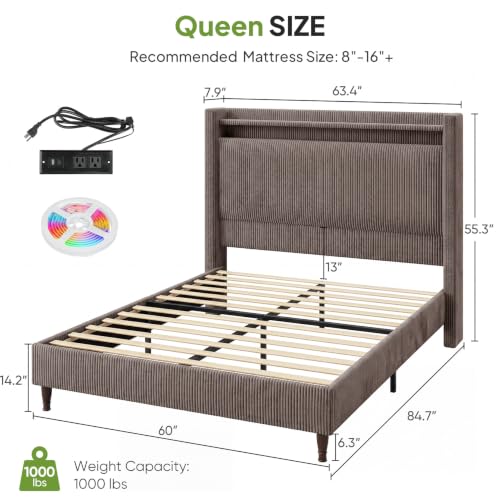 Image of Queen Size Bed Frame with 55.3 inch Tall Headboard, Corduroy Upholstered,Taupe