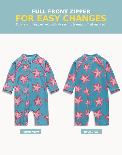Image of VAENAIT BABY Zip & Snap Rash Guard Swimsuit, UPF 50+ One-Piece Long Sleeve Swimwear, Quick Dry Infant Beach Suit for 0~2T
