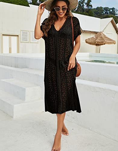 shermie Women Loose V Neck Side Slit Swimsuit Cover Up Mesh Knit Crochet Long Beach Dress3