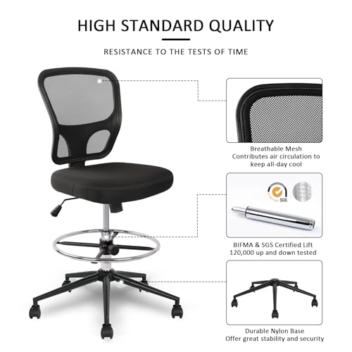 Image of Armless Drafting Chair Tall Office Chair Adjustable Height High Back Ergonomic Desk Chair Drafting Stool Rolling Bar Stools Chairs with Footrest and Wheels