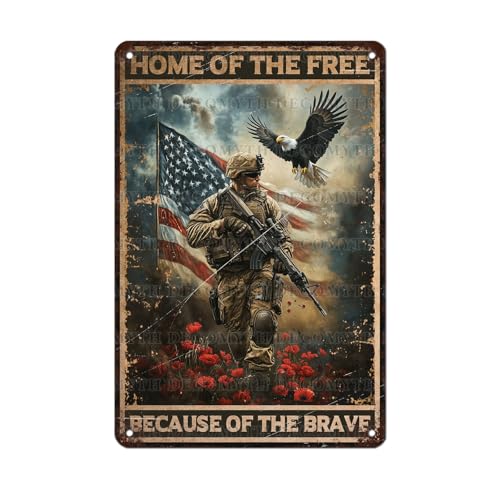 Vintage Army Tin Sign Home of the Free Because of the Brave Retro Wall Decor Nostalgic Art Funny Rustic Metal Poster Garage Store Cafe Happy Veterans Day Pubs Yard Toilet Bedroom 12 * 8inch
