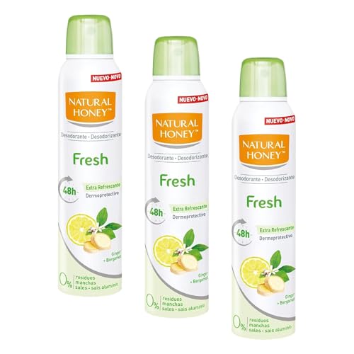 Natural Honey, Fresh Desodorante Spray Sin Aluminio Dermoprotectivo, 48H de Protección Natural Contra los Malos Olores, Formula Anti Manchas con Extractos Naturales de Jengibre y Bergamota, 200 ml