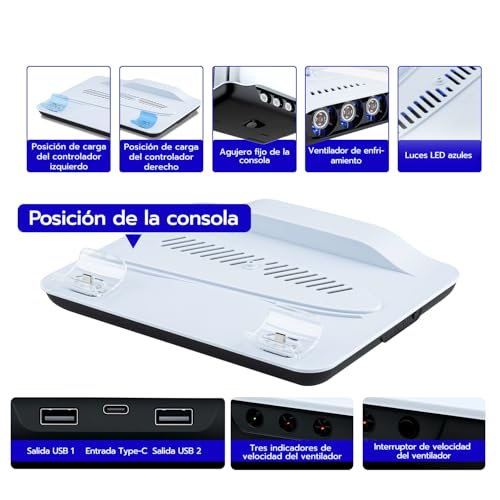 Wigearss Soporte Vertical para PS5/PS5 Slim/PS5 Pro con Ventiladores de Refrigeración, Carga para 2 Mandos, Iluminación LED y Ventilador de Enfriamiento Ajustable en 3 Niveles - imagen 4