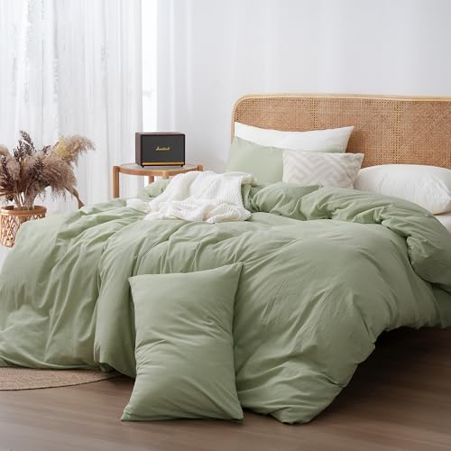 ATsense Bettwäsche 155x220 Baumwolle 2teilig, Stonewashed Bettwäsche-Sets Hellgrün Ähnlich wie Leinen, Oeko-TEX… – Ansicht 2