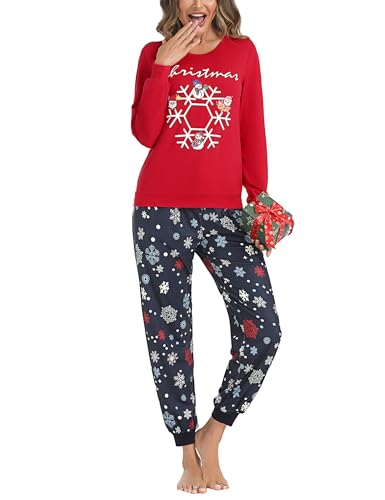 Bresdk Schlafanzug Damen Lang Winter Baumwolle Nachtwäsche Weihnachts Pyjama Süßer Langarm Schlafanzüge Rot M