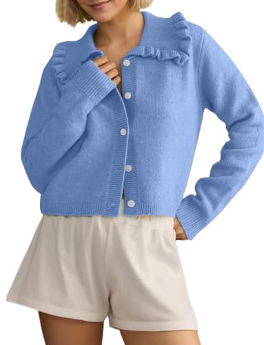 Image of HOCANDY Women Ruffle Collar Cardigan Sweater Preppy Cute Button Up Sweaters