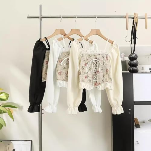 Image of ICW Women Korean Retro Style Vintage Floral Jacquard Lace-Up Off-The-Shoulder Smock Puff Sleeve Ruffled Crop Blouse Corset Top DN6021