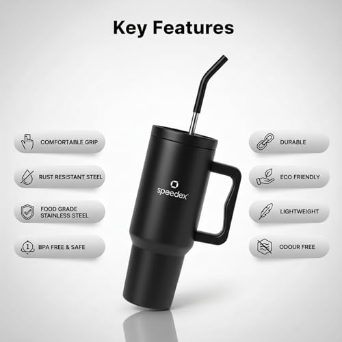 Image of Speedex 1200 ml Insulated Stainless Steel Tumbler with Handle, Straw & Cleaning Brush, Double Wall Leakproof Sipper Bottle, 24H Cold 18H Hot, Cup Holder Fit Travel Mug for Men Women (Black, 1.2 l)