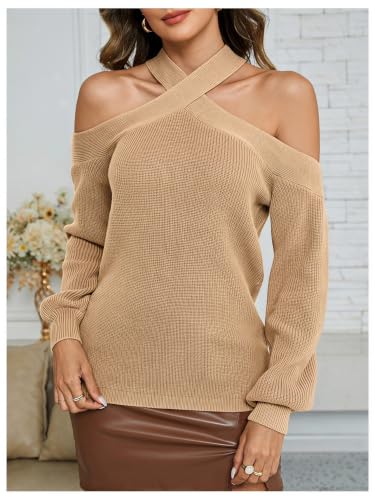 Image of MakeMeChic Women's Off The Shoulder Sweater Halter Criss Cross Pullover | Cozy, Knitted, Sweaters Tops, Long Sleeve, Fall Outfits, Winter Sweaters, Party, Knit Tops