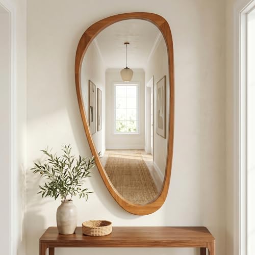 Image of Solid Wood 48 inchx24 inch Warm Walnut Large Organic Irregular Wall Mirror | Large organic look creates soft Japandi style for bedrooms, studios, entryways, living rooms, dressers, statement decor