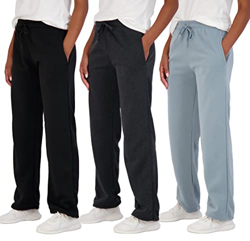 Real Essentials 3 Pack: Women's Relaxed Fit Fleece Open Bottom Sweatpants - Casual Athleisure (Available in Plus)