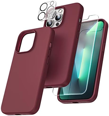 TOCOL 5 in 1 for iPhone 13 Pro Max Case, with 2 Pack Screen Protector + 2 Pack Camera Lens Protector, Liquid Silicone Slim Shockproof Cover [Anti-Scratch] [Drop Protection] 6.7 Inch, Alpine Green