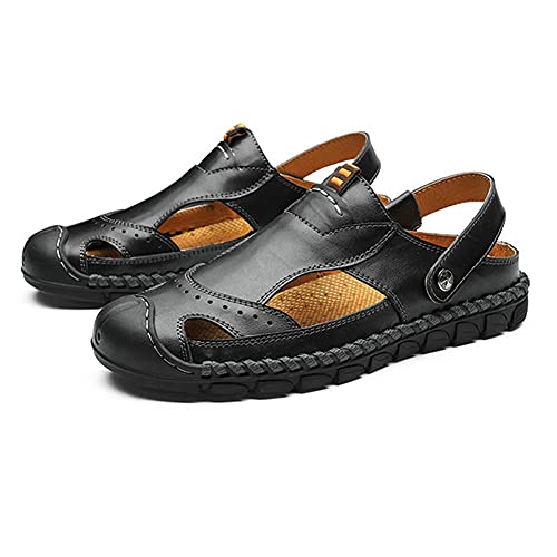 Mens Closed Toe Sandals Casual Waterproof Leather Sandals Beach Shoes Fashion Lightweight Slippers Sandals (Red Brown)