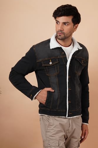 Image of Men's Winter Wear Faux Fur Denim Jacket | Stylish Denim Jacket For Men | Full Sleeve Faux Fur Lined Warm Jacket Dark Grey