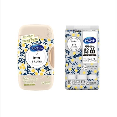 【本体＋詰め替えセット】BRU NOコラボ シルコット アルコールタイプ ウェットティッシュ 40枚入り 本体ケース＋詰め替え(40枚×3個） 期間限定 ブル ーノ ハニーベージュのサムネイル