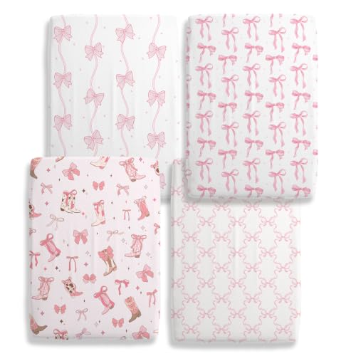 Image of 4 Pack Pink Bow Crib Sheet Set for Girl, Soft Breathable Fitted Pink Crib Sheet 28 x 52 in, Cowgirl Nursery Decor for Standard Crib and Toddler Bed Mattresses