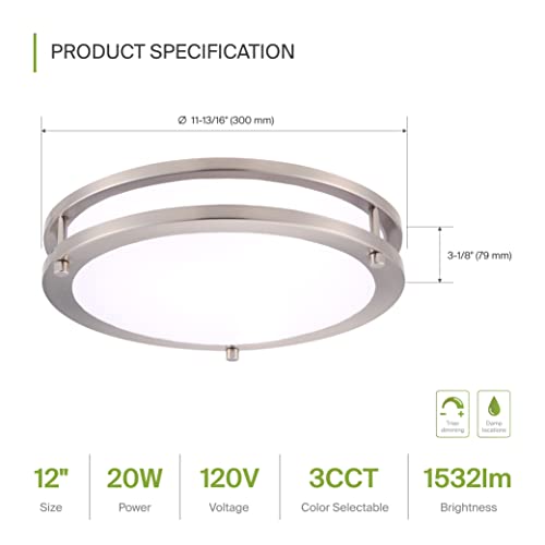Asd 12 Inch Led Flush Mount Ceiling Light, Dimmable Brushed Nickel Led Ceiling Lighting Fixture For Kitchen, 20W (160W Eqv.), 1550 Lm, 3000K/4000K/5000K Adjustable, Energy Star, Etl Listed #TOP5
