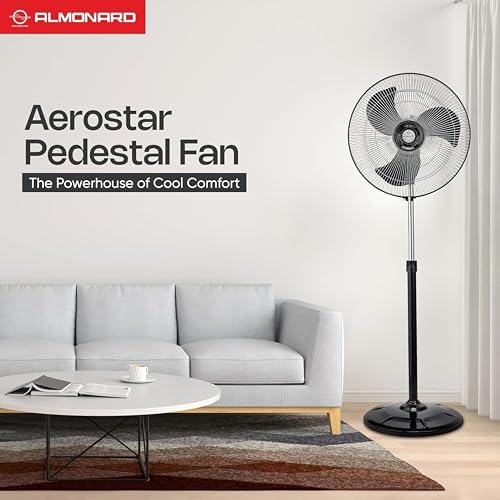 Image of Almonard Aerostar Metal Pedestal Fan 450mm | High Speed | Full Copper Winding Motor | with Overheat Protection | Aerodynamic Blades | 3 Speed | Adjustable Height Standing Fan | 2 Year Warranty | Black