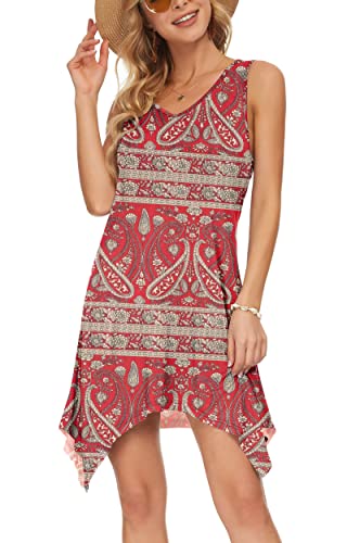 AUSELILY Vestido Verano Mujer Playa Vestidos Sin Mangas Cortos Vestido T-Shirt Cuello V Dobladillo Asimétrico Bohemio Floral Rojo S