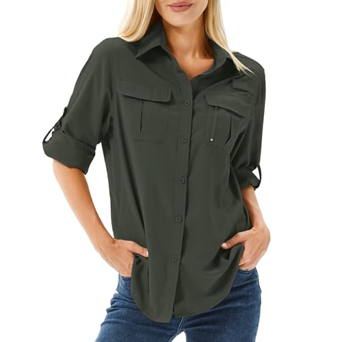Women's UPF 50 Shirts Long Sleeve Sun Protection UV Quick Dry Casual Outdoor Safari Walking Fishing Hiking Travel Shirts(Army Green-l)