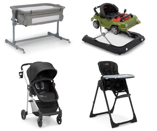 Jeep TurboGlyde 3-in-1 Stroller + 2-in-1 High Chair + Delta Children Close2Me Bedside Bassinet + Wrangler 3-in-1 Activity Walker, Compatible with Multiple Car Seat Brands (See Description)
