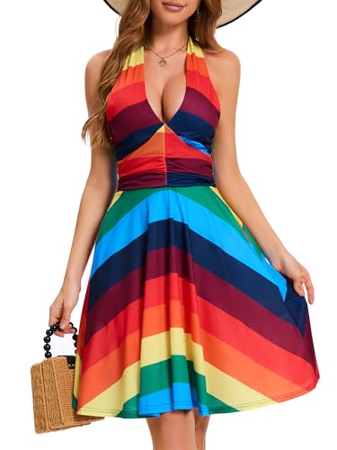 Image of Women's Summer Sundress- 2025 Sexy Halter Sleeveless Spring Boho Elastic Waist Ruffle Mini Dress