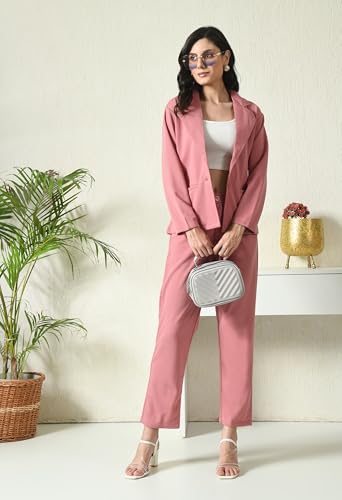 Image of Women's Lyocell Casual Solid Full Sleeve Collared Top and Pant Set with Blazer | Western Set for Women