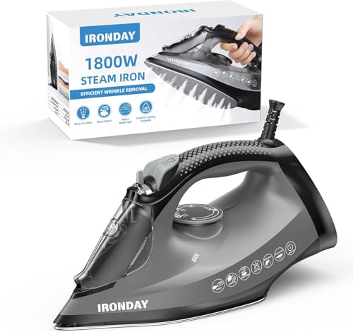 IRONDAY Steam Iron for Clothes, 1800W with 20.28oz Water Tank,Ceramic Soleplate,3-Way Auto-Off, 20s Fast Heat-up,Burst of Steam, Precision Tip,Self-Clean, Anti-Calc, Vertical Steamer for All Fabrics