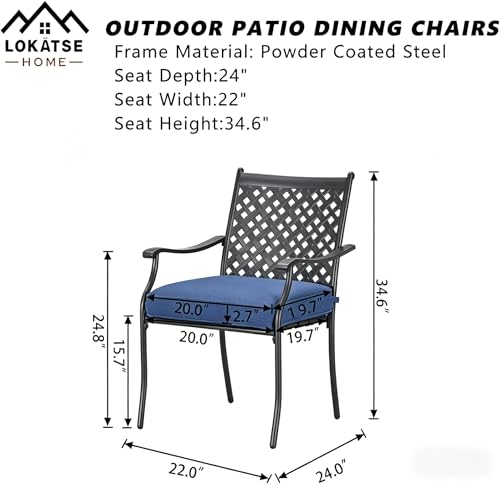 Image of LOKATSE HOME Patio Dining Chairs Set of 4, Stackable Metal Wrought Iron Outdoor Chairs with Armrests & Thick Blue Cushions, All-Weather Heavy Duty Furniture for Garden, Backyard, Deck & Balcony