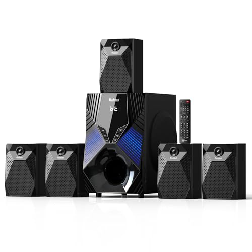 Image of Bobtot Home Theater System, 1000 Watts Peak Power Surround Sound Systems 5 Wired Satellite Audio Speakers 8" Subwoofer 5.1/2.1 Channel Deep Bass with HDMI ARC Optical Bluetooth AUX Input