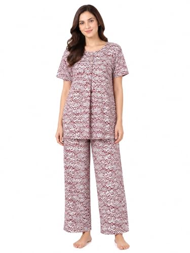 Image of KIAWAH Women Printed Night Suit Set, Cotton Blend Night Suit, A-Line Top and Pajama Set, Soft and Breathable Night Wear