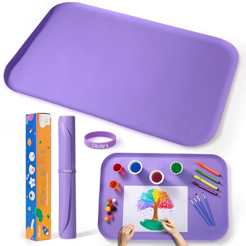 AtMini Silicone Art Mats for Kids 24x16 Silicone Craft Mat with Lip to Keep Clean Play Sand Painting DIY Crafts Mat for Kids (Purple)