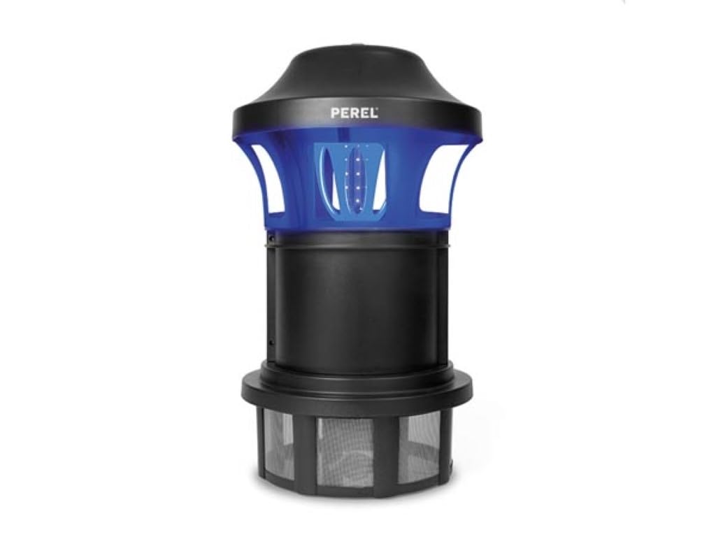 Perel LED UV Insektenvernichter mit Ventilator, 750 m² Reichweite, IPX4 wasserresistent, energiesparende LED-Technologie, mit herausnehmbarer Auffangschale und Aufhängebügel für den Außenbereich