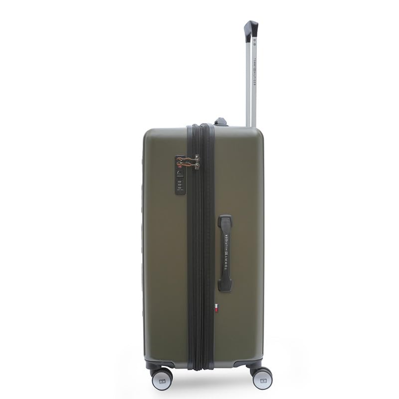 Image of Tommy Hilfiger Polycarbonate Double 8 Spinner Wheels Hard Shell Luggage Trolley, Olive Green, Empire Plus, 35L | Big Suitcase for Travel, Travelling Luggage, Small, 57 Cm