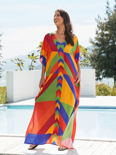 Image of IMAGEKOPE Women's Plus Size Loose Fit Moroccan Print V-Neck Batwing Kaftan Beach Dress Bathing Suit Cover Up
