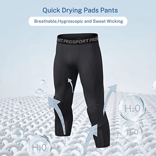 Youth Basketball Pants with Knee Pads, 3/4 Capri Compression Pants for Boys 4-16 yrs3