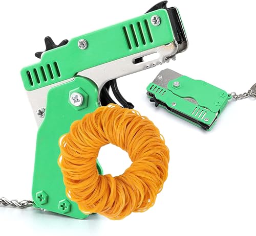 QKUDNGHY Kids Toys Cool Keychain Rubber Band Launcher Toy Mini Metal Folding Rubber Launcher Toy Elastic Rubber Bands for Game Outdoor Activities (Green)