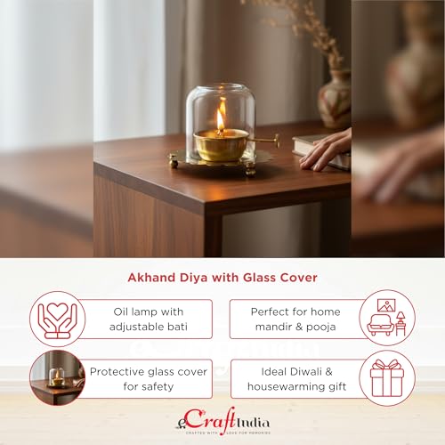 Image of eCraftIndia Akhand Diya with Glass Cover & Adjustable Bati | Decorative Oil Lamp for Home Mandir, Pooja Room & Festivals | Traditional Deepak for Aarti | Gift for Housewarming
