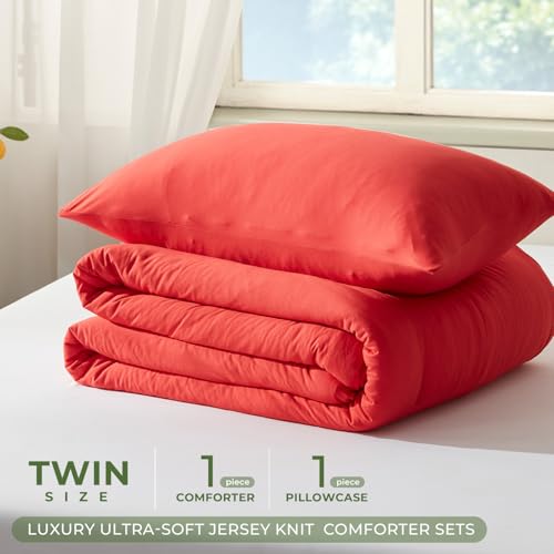 Image of Twin Comforter Set, Comforters Twin Size Bed Sets, Luxury Ultra-Soft Jersey Knit Bedding, Red Lightweight Down Alternative Bed Comforter for All Season, 2 Piece Bedding Set